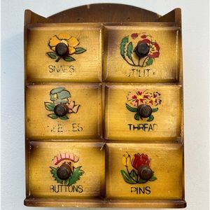 Vintage Enesco wood sewing wall hanging sewing box pulls drawers flowers farm